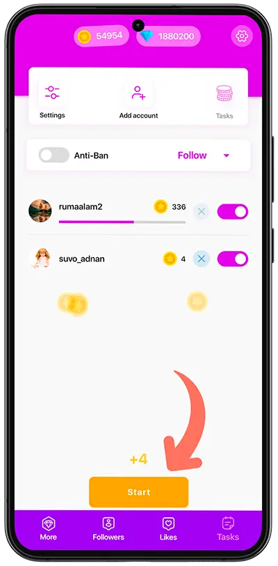 Top Follow app — earn coins by completing tasks